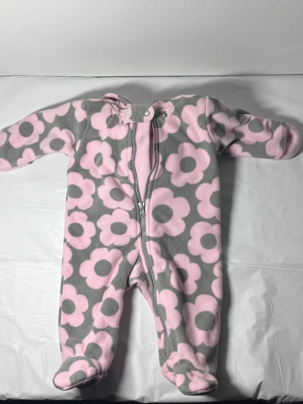 Carter’s Baby Girl Newborn Pink Gray Floral Fleece Hooded Bunting Snowsuit
